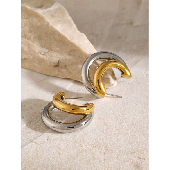 Wholesale Cshaped Overlapping Earrings In Stainless Steel With Color Matching Natural Style And Electroplating Process For Women