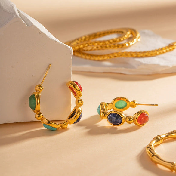 Wholesale Cshaped Stainless Steel Earrings With Inlaid Natural Stone 18K Goldplated Electroplated For Women Geometric Style