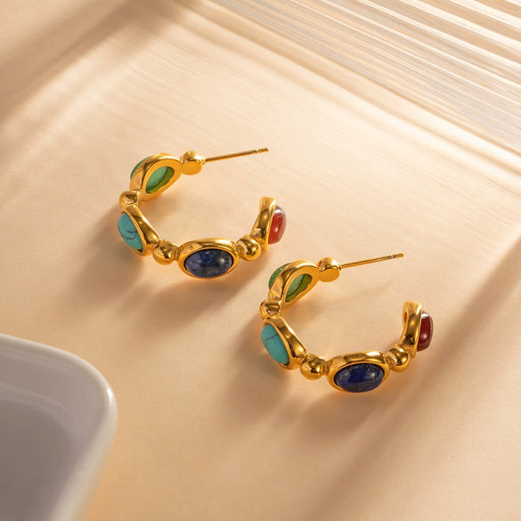 Wholesale Cshaped Stainless Steel Earrings With Inlaid Natural Stone 18K Goldplated Electroplated For Women Geometric Style