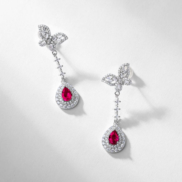 Wholesale Cultured Colored Gemstone Long Earrings S925 Silver Inlaid Cultured Ruby And Sapphire Geometric Elegant Set With Diamonds Women's