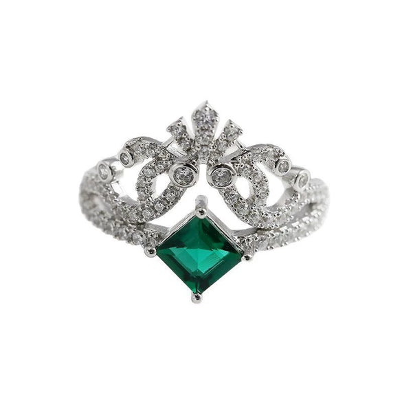 Wholesale Cultured Emerald And Diamond Set Crownshaped S925 Silver Ring For Women