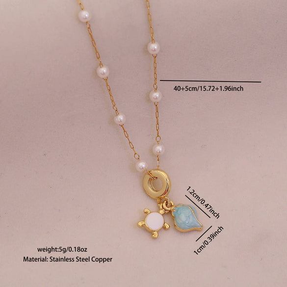 Wholesale Cute Animal Pattern Stainless Steel Marine Turtle Fishtail Clavicle Imitation Pearl Necklace