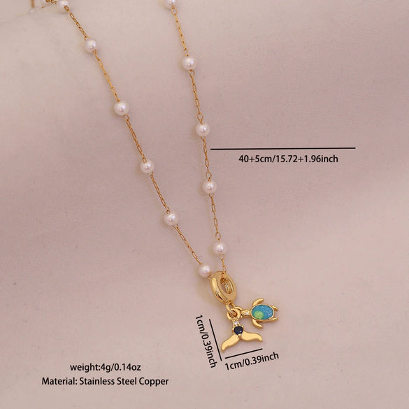 Wholesale Cute Animal Pattern Stainless Steel Marine Turtle Fishtail Clavicle Imitation Pearl Necklace