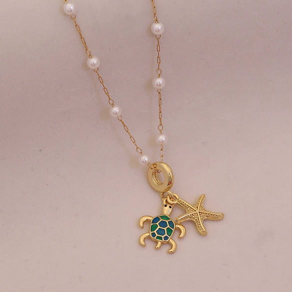 Wholesale Cute Animal Pattern Stainless Steel Marine Turtle Fishtail Clavicle Imitation Pearl Necklace