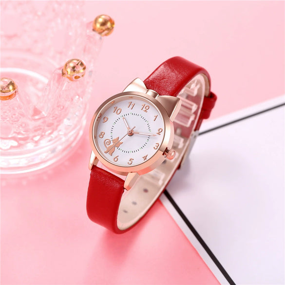 Wholesale Cute Cartoon Cat Luminous Women's Quartz Watch With Alloy Case Imitation Leather Strap And Round Dial