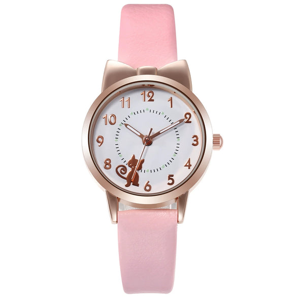 Wholesale Cute Cartoon Cat Luminous Women's Quartz Watch With Alloy Case Imitation Leather Strap And Round Dial