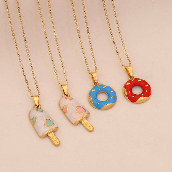 Wholesale Cute Donut Ice Cream Pendant Necklace Stainless Steel Jewelry