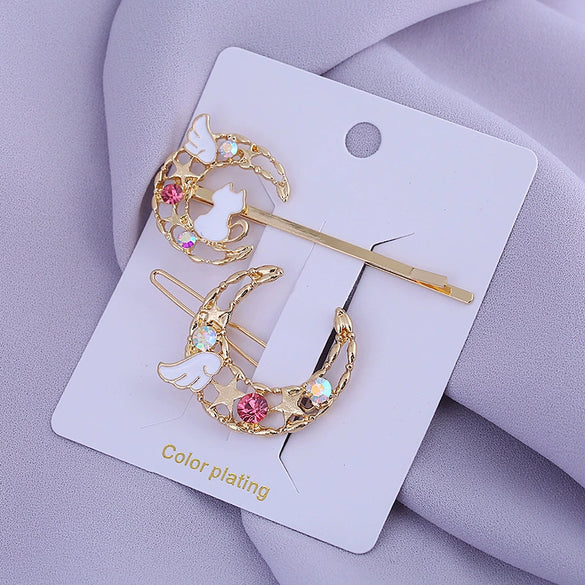 Wholesale Cute Girl Cat Planet Wings Hairpin Set Zinc Alloy Electroplating