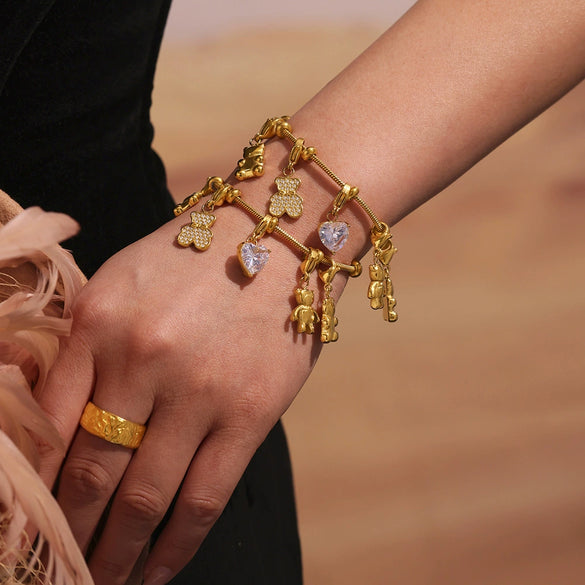 Wholesale Cute Little Bear Full Diamond 5A Zircon Multi Accessories Bracelet Titanium Steel 18K Real Gold Electroplated Geometric Jewelry For Women