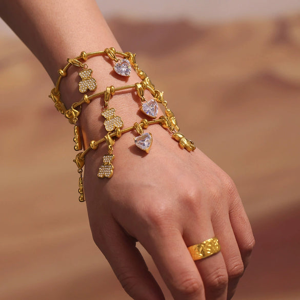 Wholesale Cute Little Bear Full Diamond 5A Zircon Multi Accessories Bracelet Titanium Steel 18K Real Gold Electroplated Geometric Jewelry For Women