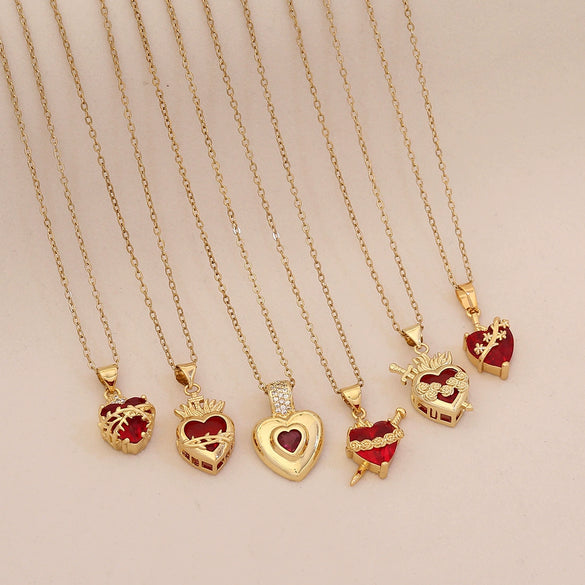 Wholesale Cute Red Love Heart Shape Pendant Necklace Light Luxury Stainless Steel Clavicle Chain