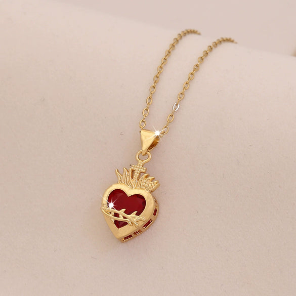 Wholesale Cute Red Love Heart Shape Pendant Necklace Light Luxury Stainless Steel Clavicle Chain