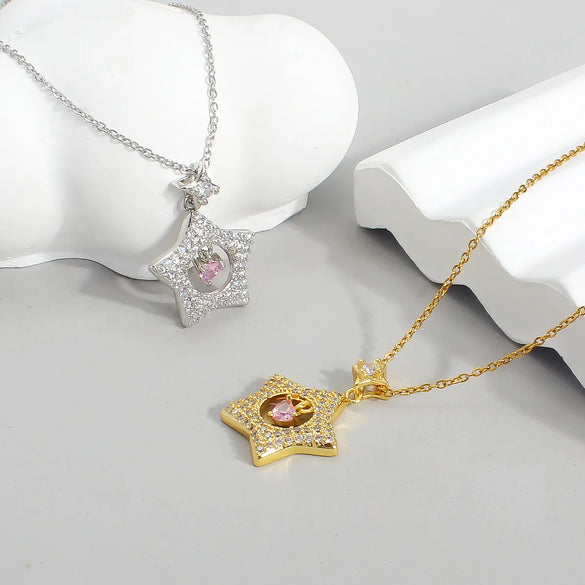 Wholesale Cute Romantic Star Heart Shape 304 Stainless Steel Copper Plating Inlay 18K Gold Plated Zircon Pendant Necklace