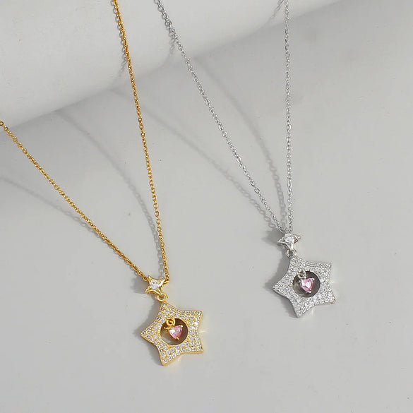 Wholesale Cute Romantic Star Heart Shape 304 Stainless Steel Copper Plating Inlay 18K Gold Plated Zircon Pendant Necklace