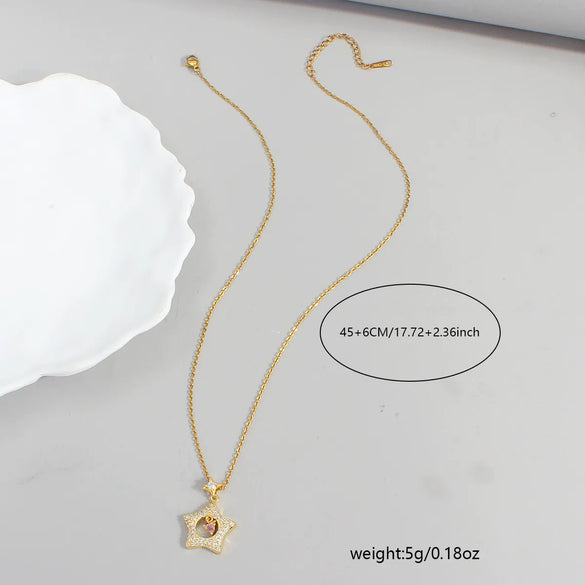 Wholesale Cute Romantic Star Heart Shape 304 Stainless Steel Copper Plating Inlay 18K Gold Plated Zircon Pendant Necklace