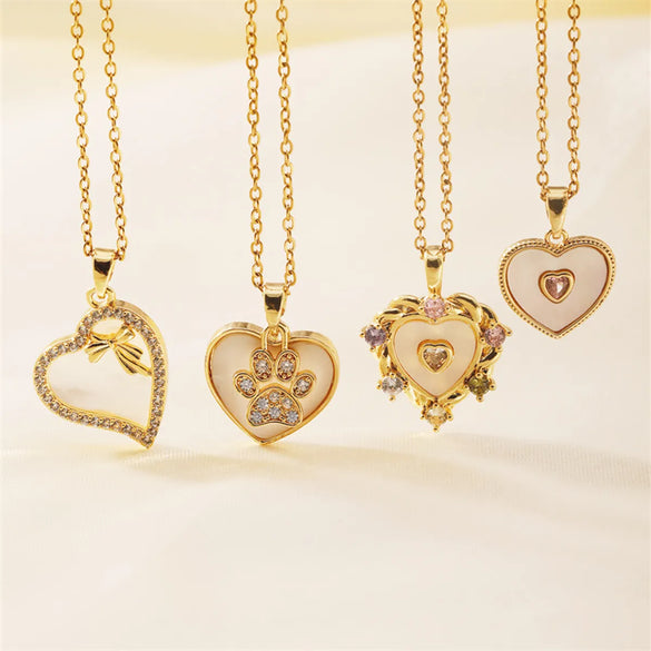 Wholesale Cute Romantic Sweet Paw Print Heart Shape Bow Knot 304 Stainless Steel Copper Inlay K Gold Plated Shell Zircon Pendant Necklace