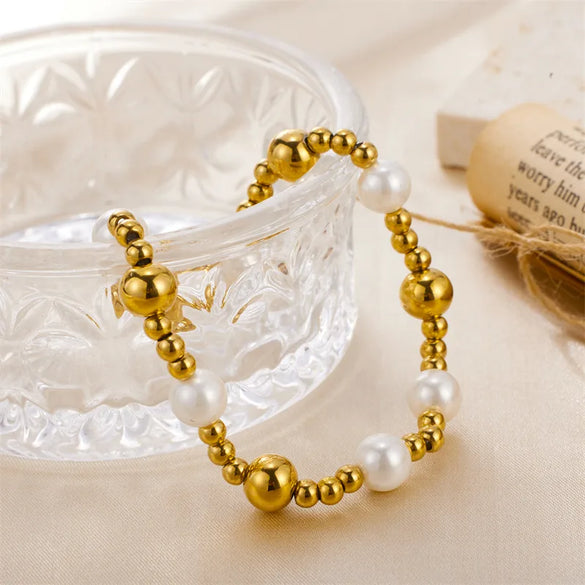 Wholesale Cute Simple Style Round Stainless Steel Freshwater Pearl Beaded Plating Gold Plated Bracelets