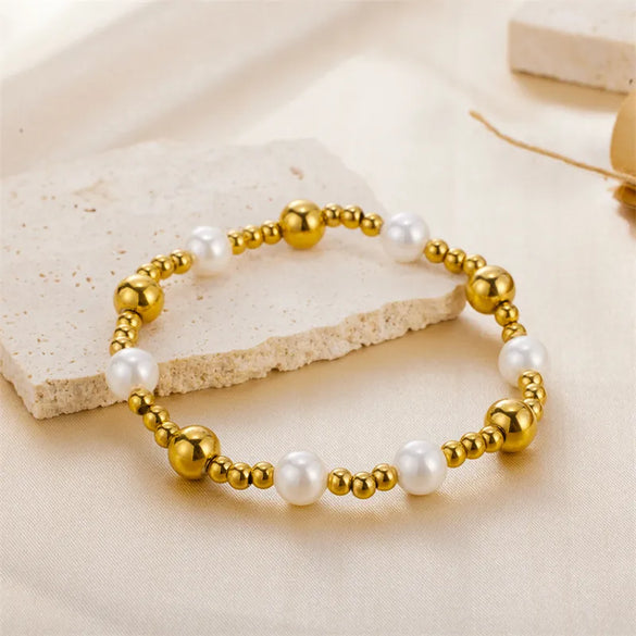 Wholesale Cute Simple Style Round Stainless Steel Freshwater Pearl Beaded Plating Gold Plated Bracelets