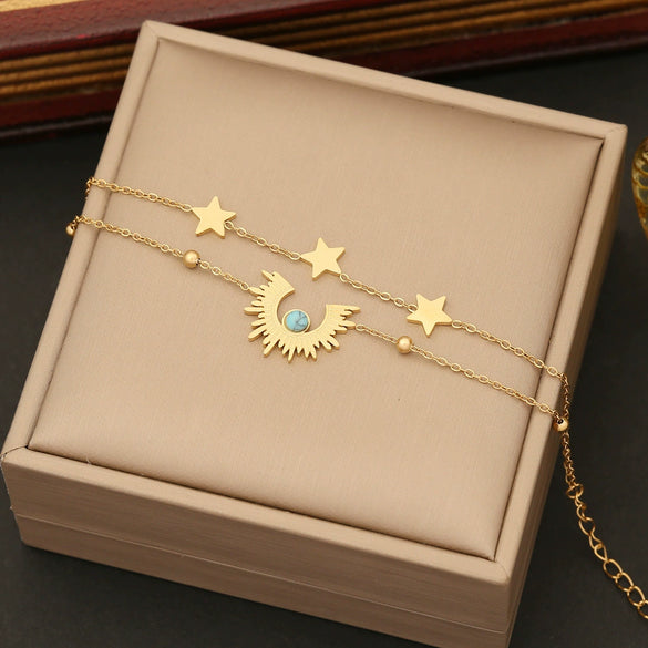 Wholesale Cute Star Moon Double Layer Stainless Steel Necklace With Electroplating For Women