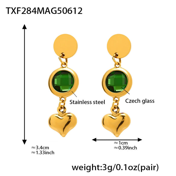 Wholesale Czech Glass Heart Tassel Earrings In Stainless Steel With 18K Real Gold Electroplating For Women