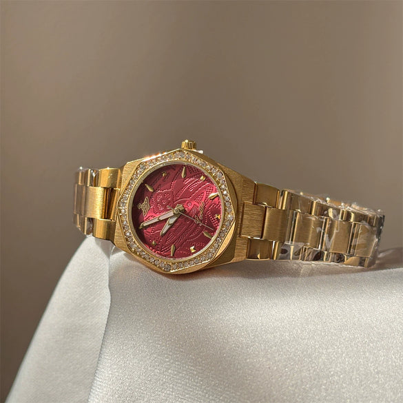 Wholesale 3D Relief Dragon Fruit Gold Steel Band Quartz Watch For Women With Alloy Case And Stainless Steel Buckle