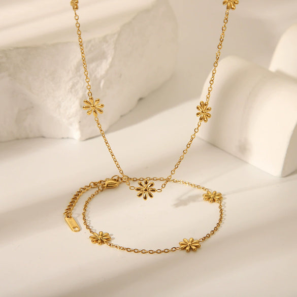 Wholesale Daisy Patterned Stainless Steel Necklace And Bracelet Jewelry Suit With Electroplating For Women