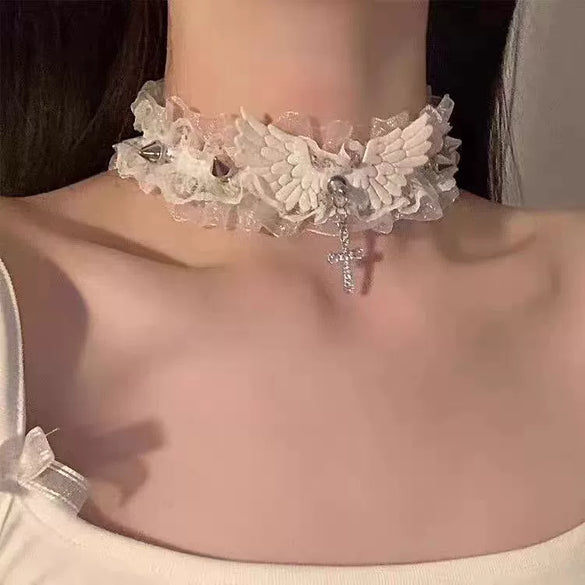 Wholesale Dark Gothic Women's Cloth And Alloy Devil Wings Lace Collar Choker With Love Cross Hollow Geometric Pattern Necklace