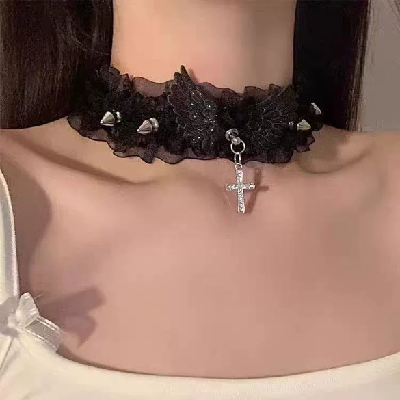 Wholesale Dark Gothic Women's Cloth And Alloy Devil Wings Lace Collar Choker With Love Cross Hollow Geometric Pattern Necklace
