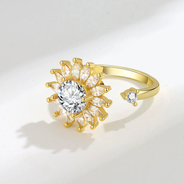 Wholesale Decompression Rotating Ring Copper Electroplated Women's Sunflower Design Opening Ring Set