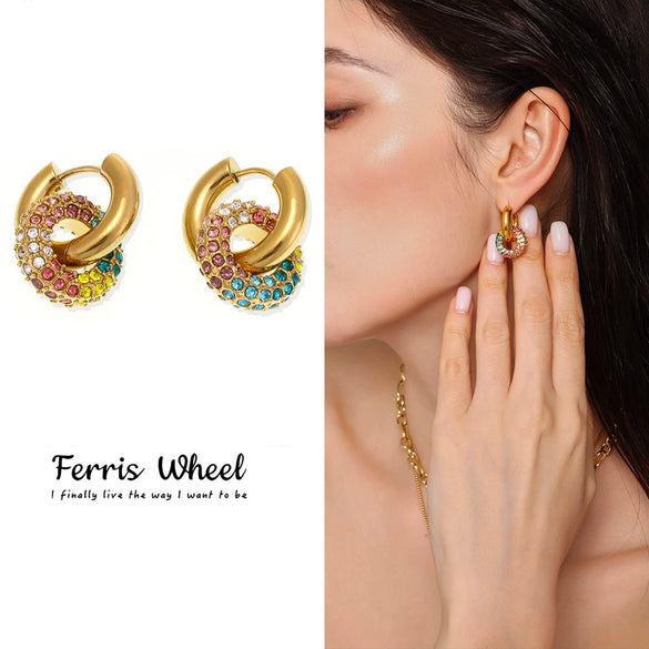 Wholesale Detachable Combination Earrings With Pendant Ferris Wheel Diamond Ring Geometric Stainless Steel Zircon Electroplating Unisex