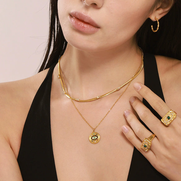 Wholesale Devil's Eye Zircon Jewelry Set For Women Titanium Steel 18K Gold Plated Electroplated