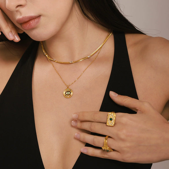 Wholesale Devil's Eye Zircon Jewelry Set For Women Titanium Steel 18K Gold Plated Electroplated