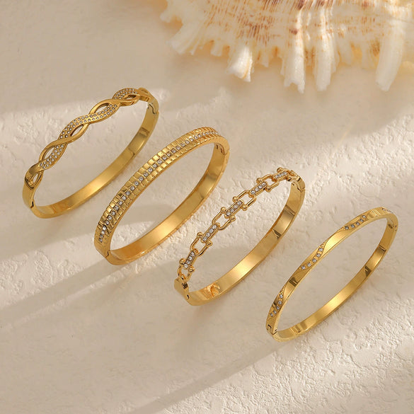 Wholesale Diamond Encrusted Geometric Light Luxury Style 18K Gold Plated Stainless Steel Bracelet