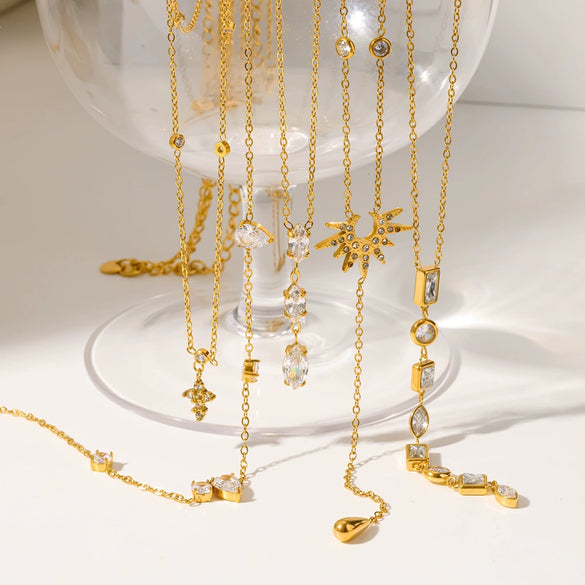 Wholesale Diamond Encrusted Stainless Steel And Titanium Steel Y Shaped O Shaped Geometric Sweater Chain Long Necklace With Pvd Furnace Vacuum Real Gold Plating For Women