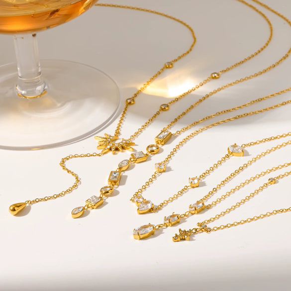 Wholesale Diamond Encrusted Stainless Steel And Titanium Steel Y Shaped O Shaped Geometric Sweater Chain Long Necklace With Pvd Furnace Vacuum Real Gold Plating For Women