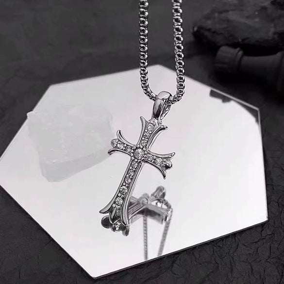Wholesale Diamond Geometric Cross Pendant Necklace Made Of Titanium Steel And Pearl Chain For Unisex