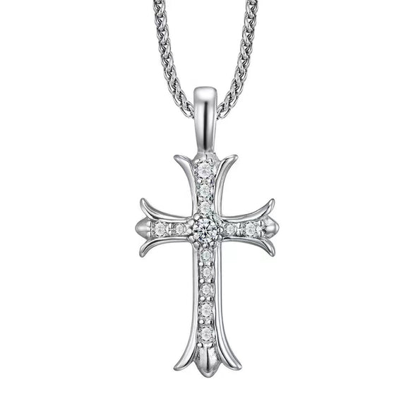 Wholesale Diamond Geometric Cross Pendant Necklace Made Of Titanium Steel And Pearl Chain For Unisex