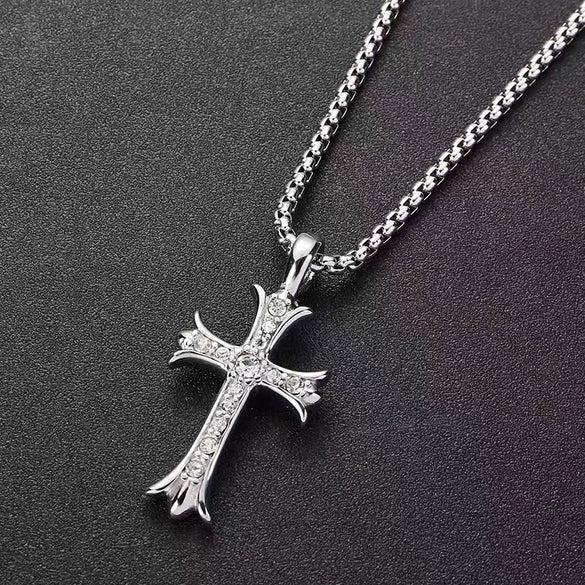 Wholesale Diamond Geometric Cross Pendant Necklace Made Of Titanium Steel And Pearl Chain For Unisex