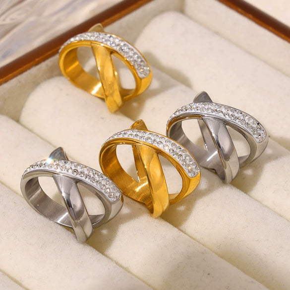 Wholesale Diamond Ring 316L Stainless Steel 18K Gold Plated Geometric Irregular Xshaped Simple Design