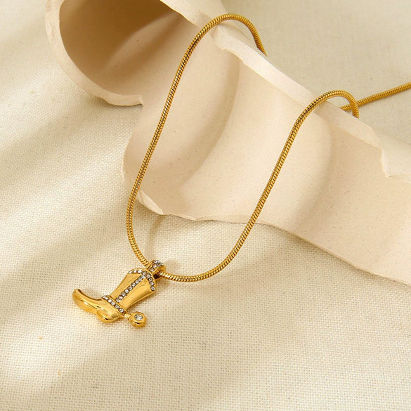 Wholesale Diamondencrusted Cowboy Boot Pendant Stainless Steel Necklace 18K Gold Plated For Women