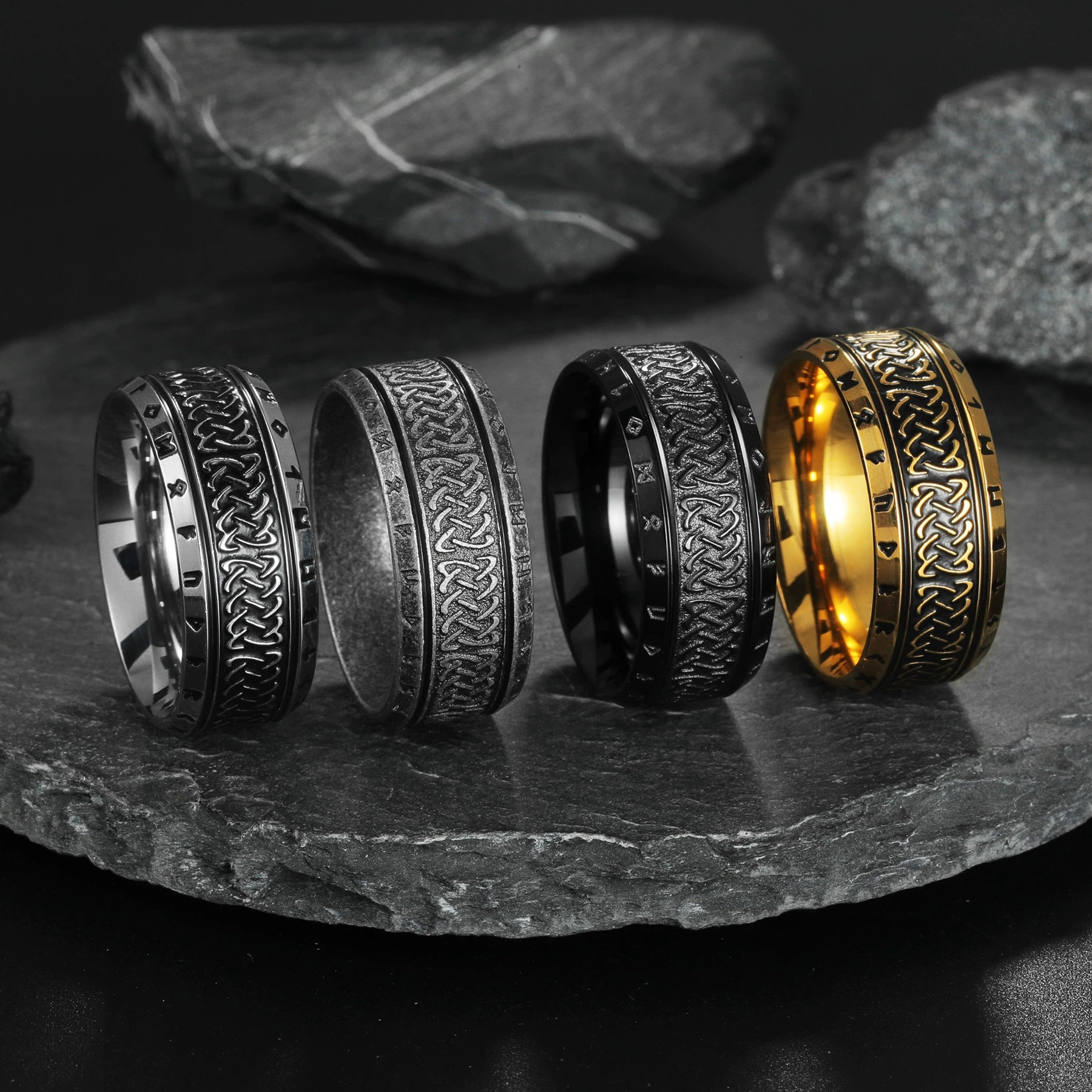 Wholesale Distressed Geometric Titanium Steel Ring With Viking Rune Fo ...