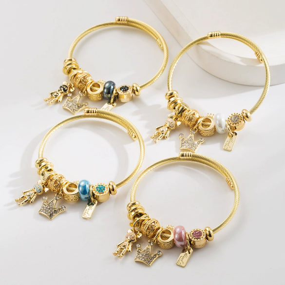 Wholesale Diy Adjustable Couple Stainless Steel And Alloy Bracelet With Crown And Bear Letter Pendant For Women