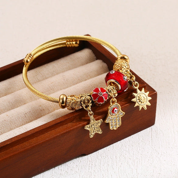 Wholesale Diy Beaded Bracelet With Palm Sun Pendant Stainless Steel Alloy Rhinestone Diamond Design Women's Adjustable Couple Bracelet