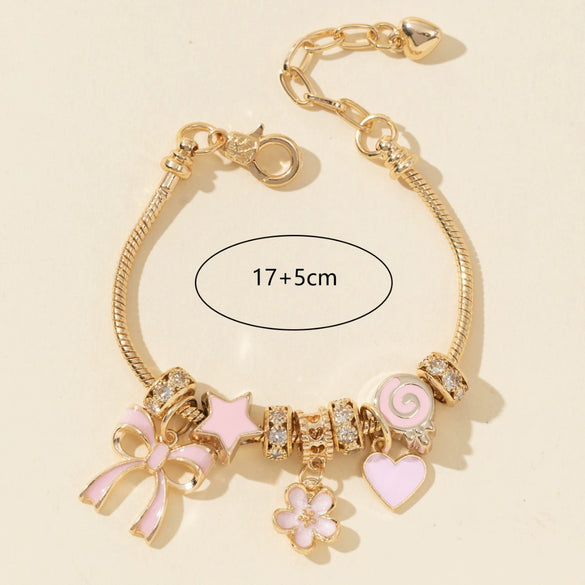 Wholesale Diy Beaded Bracelet With Pink Bow Heart And Flower Pendants Zinc Alloy Electroplated Unisex Fashion Jewelry