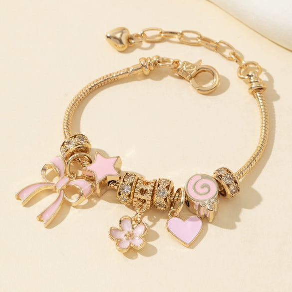 Wholesale Diy Beaded Bracelet With Pink Bow Heart And Flower Pendants Zinc Alloy Electroplated Unisex Fashion Jewelry