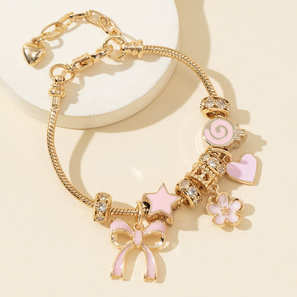 Wholesale Diy Beaded Bracelet With Pink Bow Heart And Flower Pendants Zinc Alloy Electroplated Unisex Fashion Jewelry