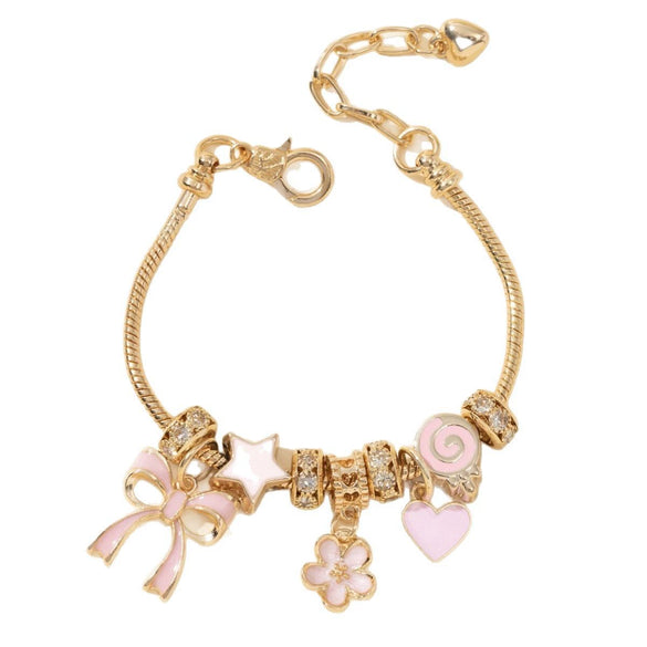 Wholesale Diy Beaded Bracelet With Pink Bow Heart And Flower Pendants Zinc Alloy Electroplated Unisex Fashion Jewelry