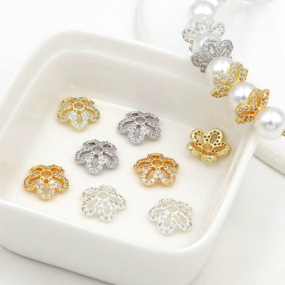 Wholesale Diy Beading Material Loose Bead Bracelet Accessories Copper Inlaid Zircon Flower Tray Electroplated 18K Gold Color Retention