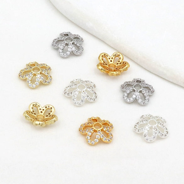 Wholesale Diy Beading Material Loose Bead Bracelet Accessories Copper Inlaid Zircon Flower Tray Electroplated 18K Gold Color Retention