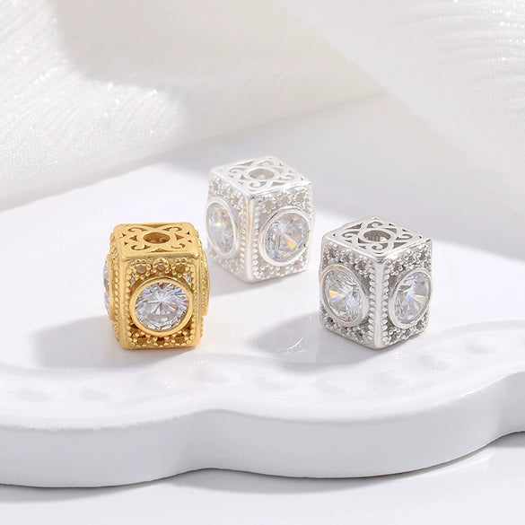 Wholesale Diy Bracelet S925 Sterling Silver Gold Plated Hollow Square Zircon Beaded Handmade Accessory